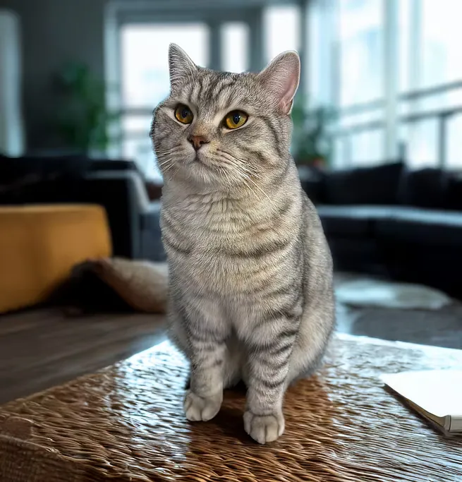 Kylo, ein silbern getigerter Kater, sitzt aufrecht auf einem Rattantisch im Wohnzimmer